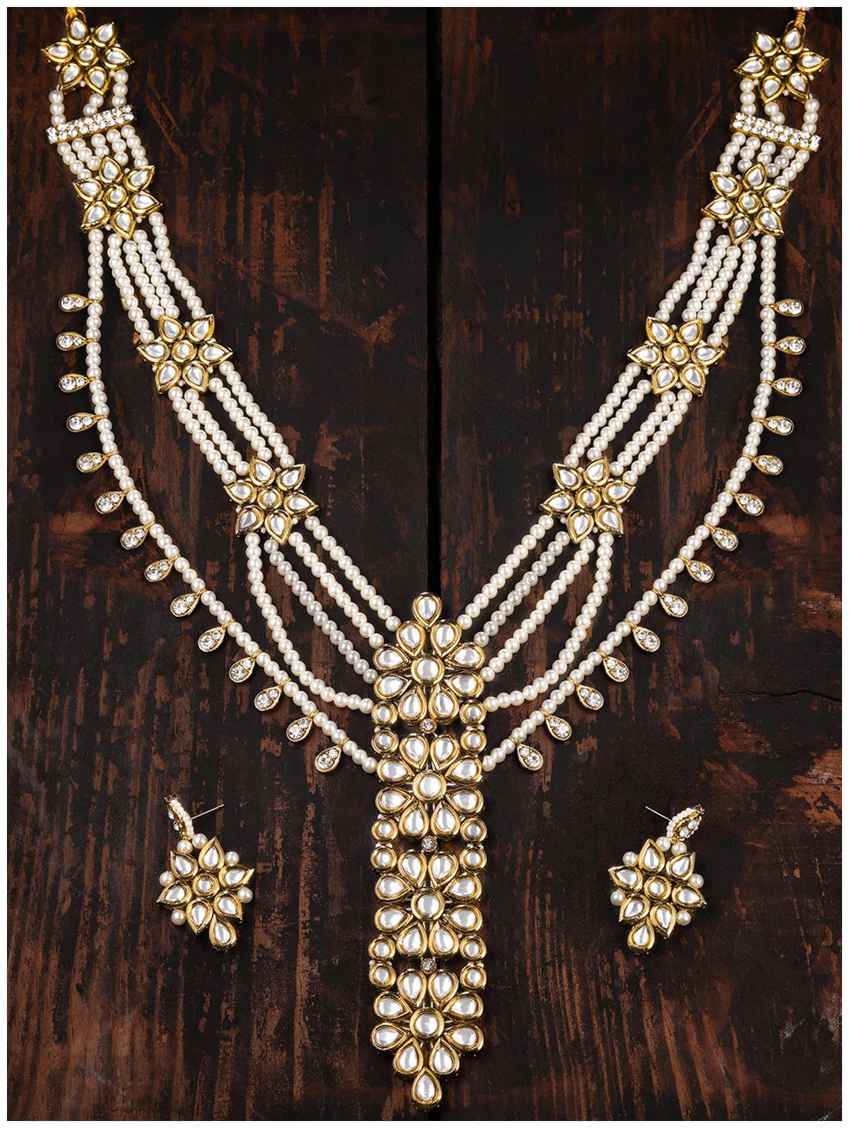 

Zaveri Pearls Long Multi Layers Kundan Pearls Floral Necklace Set-ZPFK8592