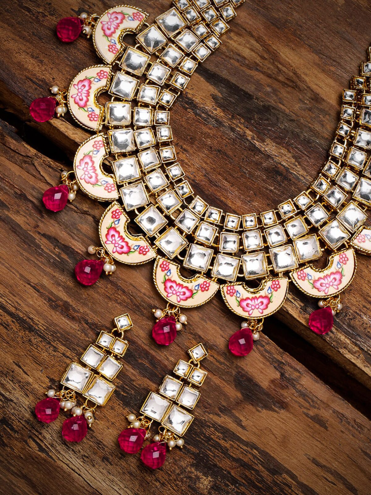 

Zaveri Pearls Pink Kundan Beads Floral Choker Necklace Earring Set-ZPFK9096