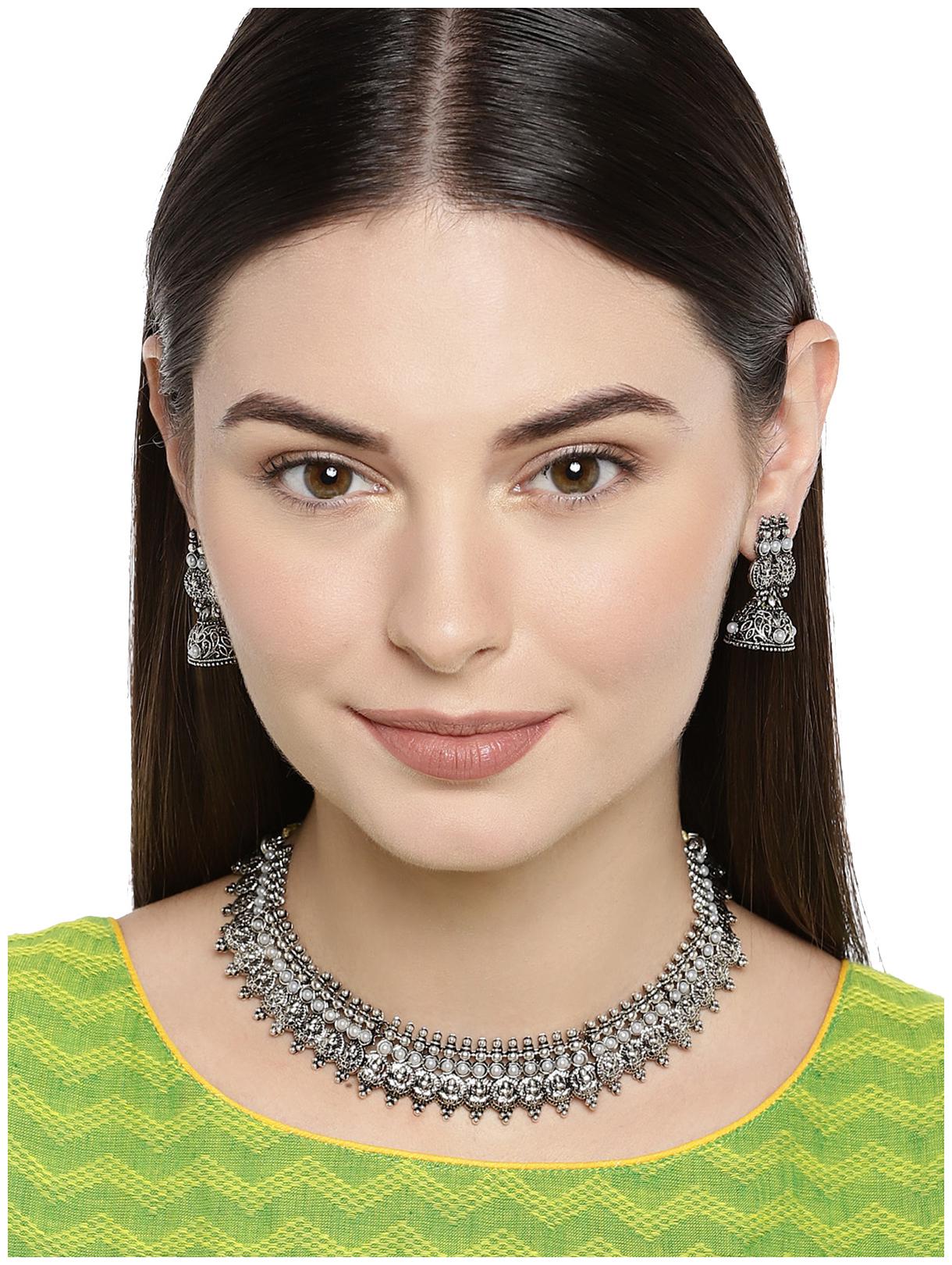 

Zaveri Pearls Antique Silver Goddess Necklace Set For Women-ZPFK7655