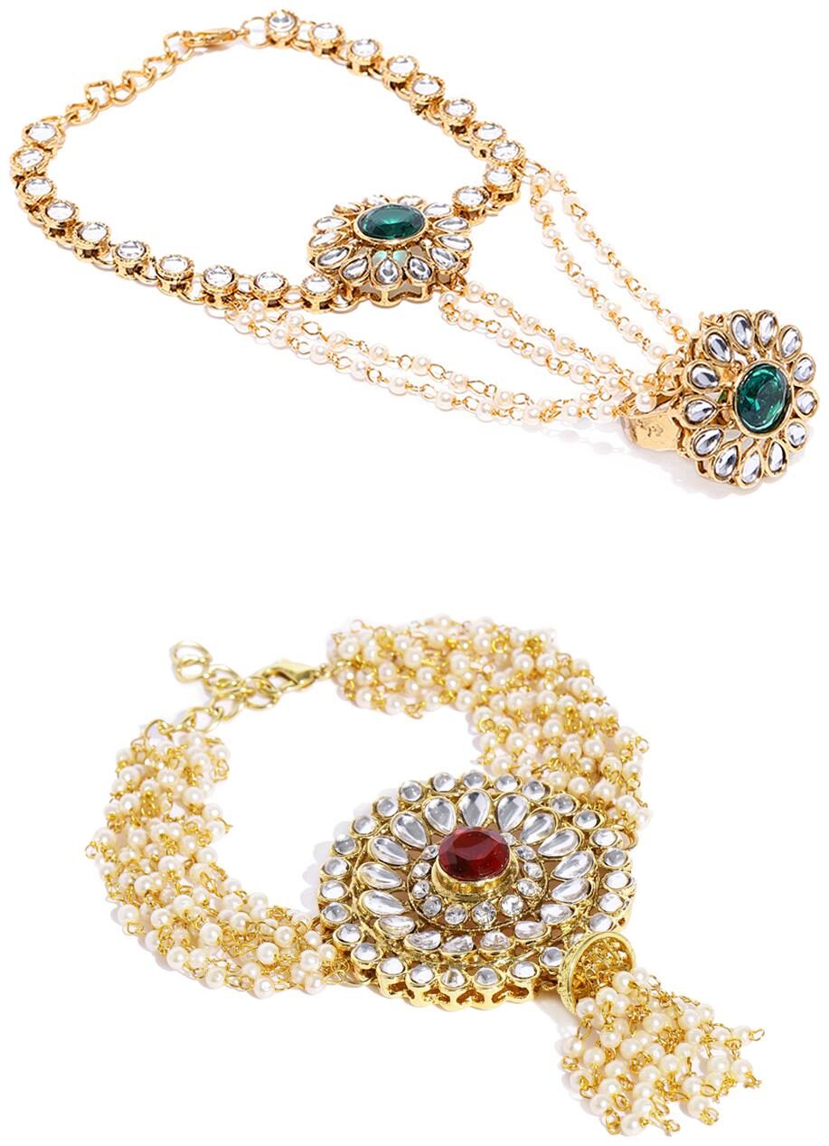 

Zaveri Pearls Combo of 2 Stylish Traditional Pearl Kundan Wedding Collection Ring Bracelet -ZPFK9049