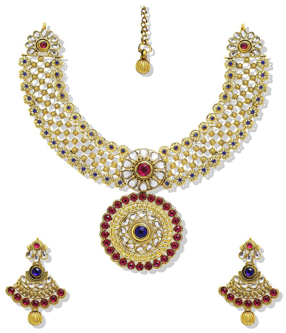 

Zaveri Pearls Pink And Blue Zinc Necklace Set