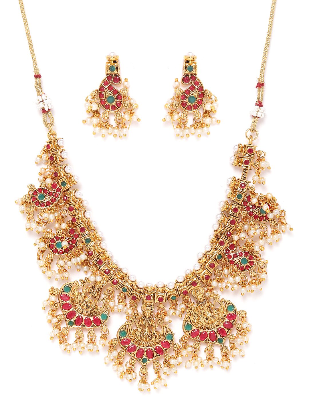 

Zaveri Pearls Green Pink Stones Goddess Laxmi Temple Choker Necklace Earring Set-ZPFK9638