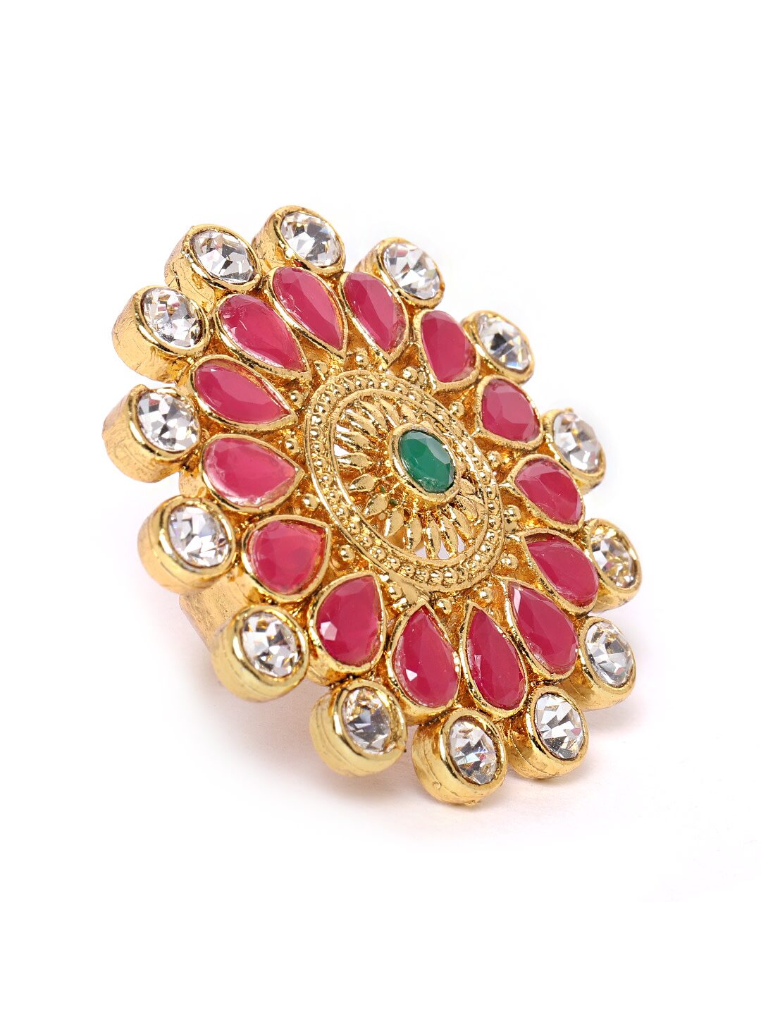 

Zaveri Pearls Pink Green Stones Flower Traditional Finger Ring-ZPFK9542