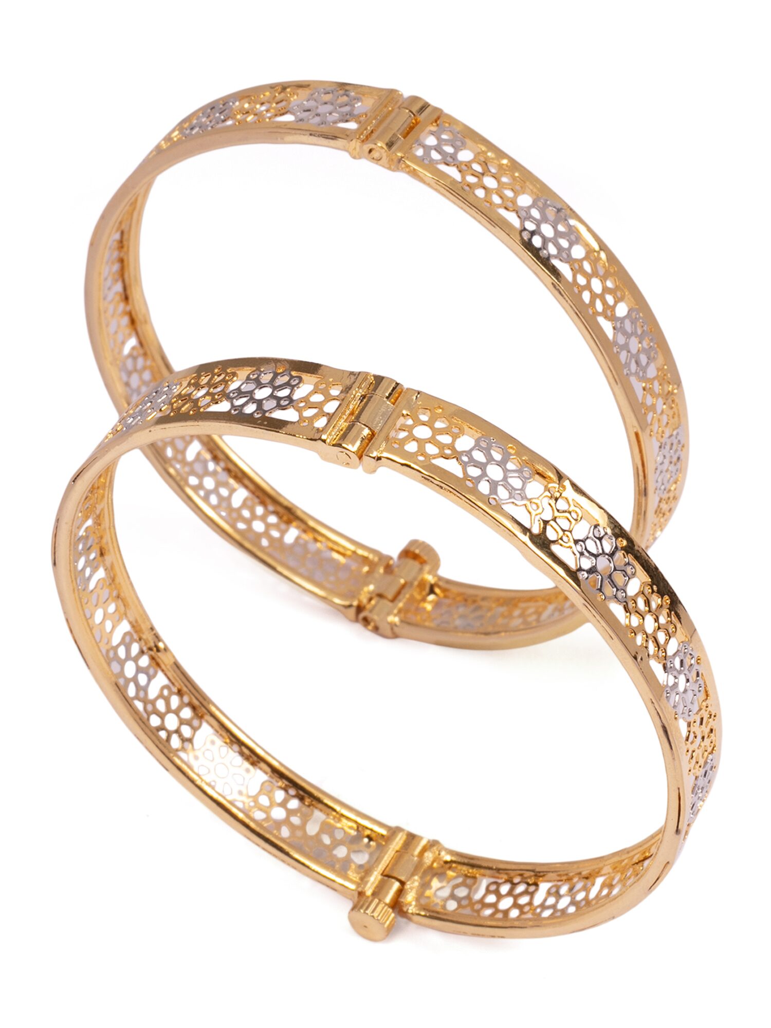 

Zaveri Pearls Two Tone Floral Design Openable Brass Bangle Set-ZPFK9485