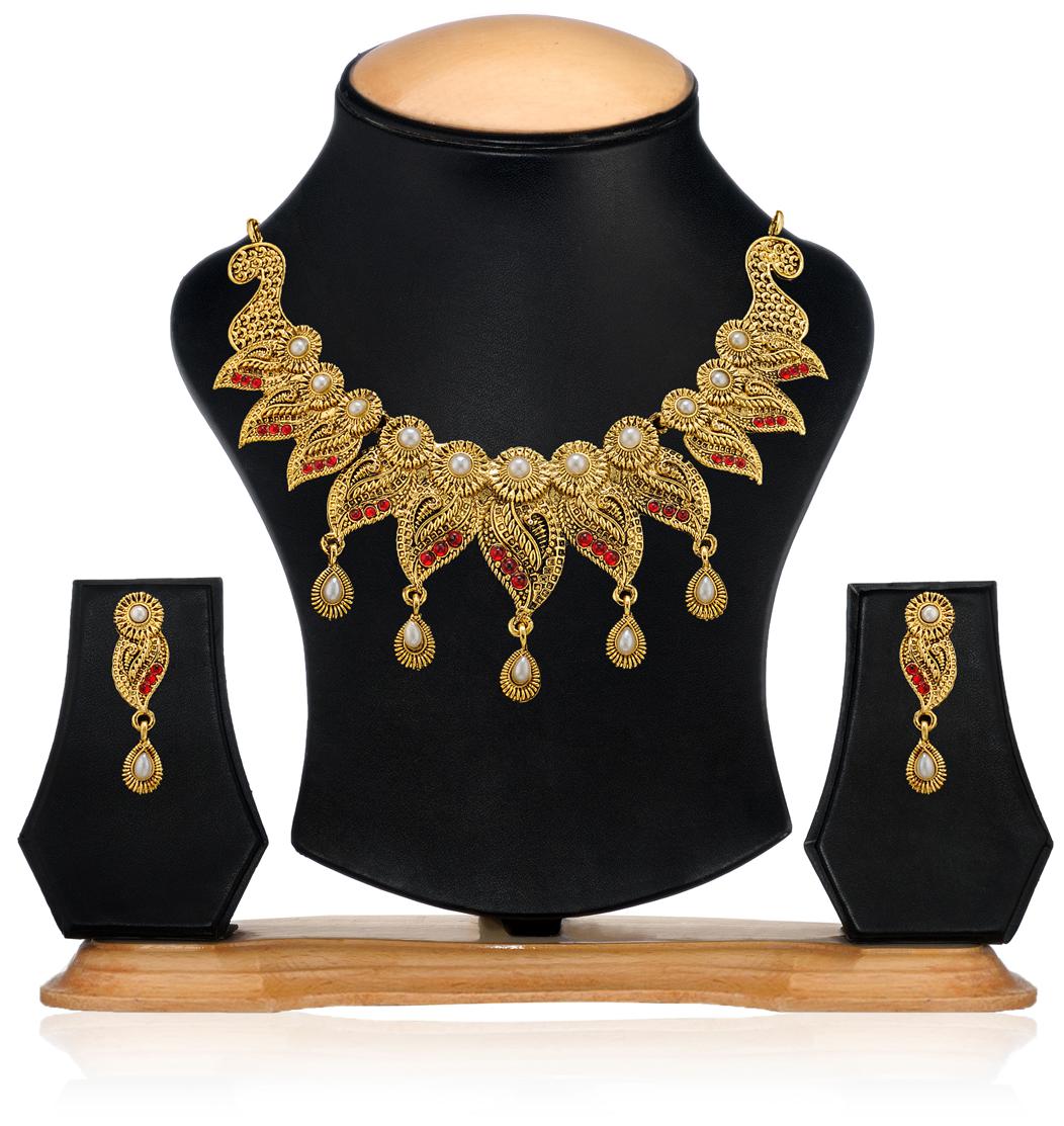

Zaveri Pearls Red And Golden Necklace Set