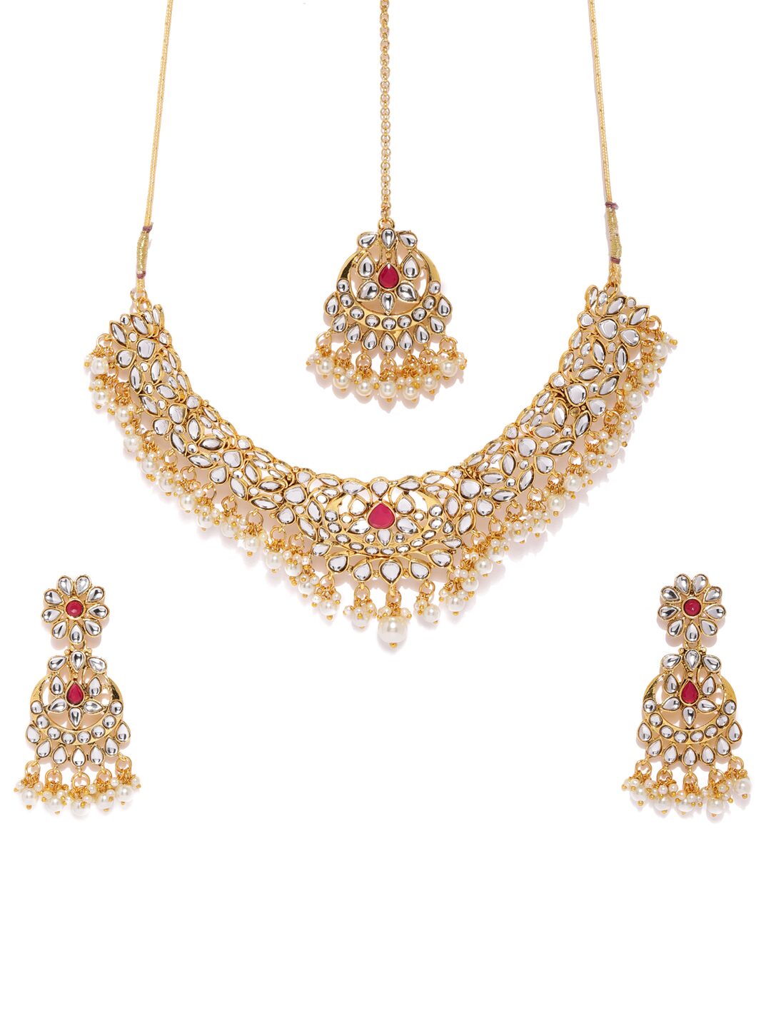 

Zaveri Pearls Gold Tone Kundan Pearls Ethnic Necklace Earring Maangtikka Set-ZPFK9111