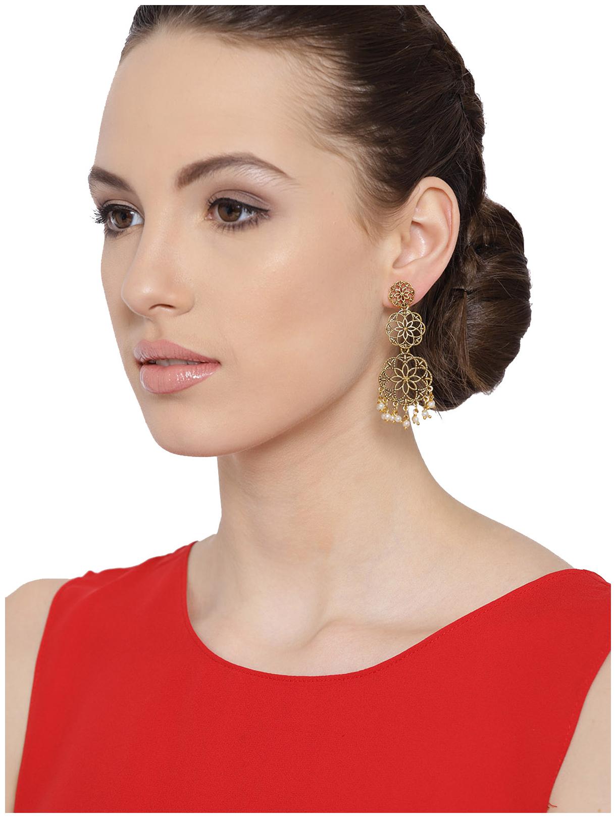 

Zaveri Pearls Gold Tone Layered Floral Design Dangle Earring-ZPFK7256