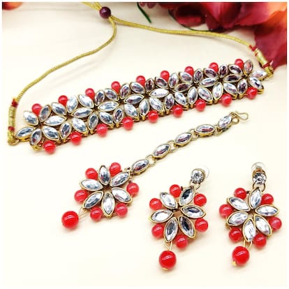 Zcarina Choker Earrings Maangtika Set for Women