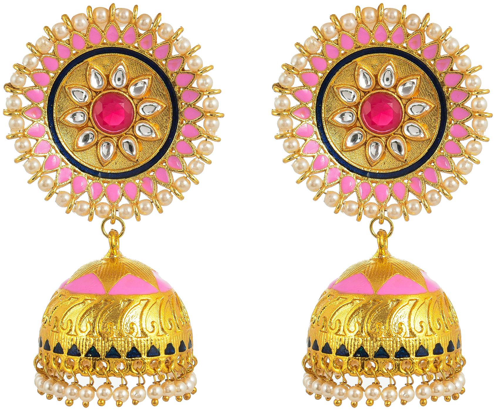 

Zcarina Enamelled Kundan Meenakari Earrings for Girls and Women