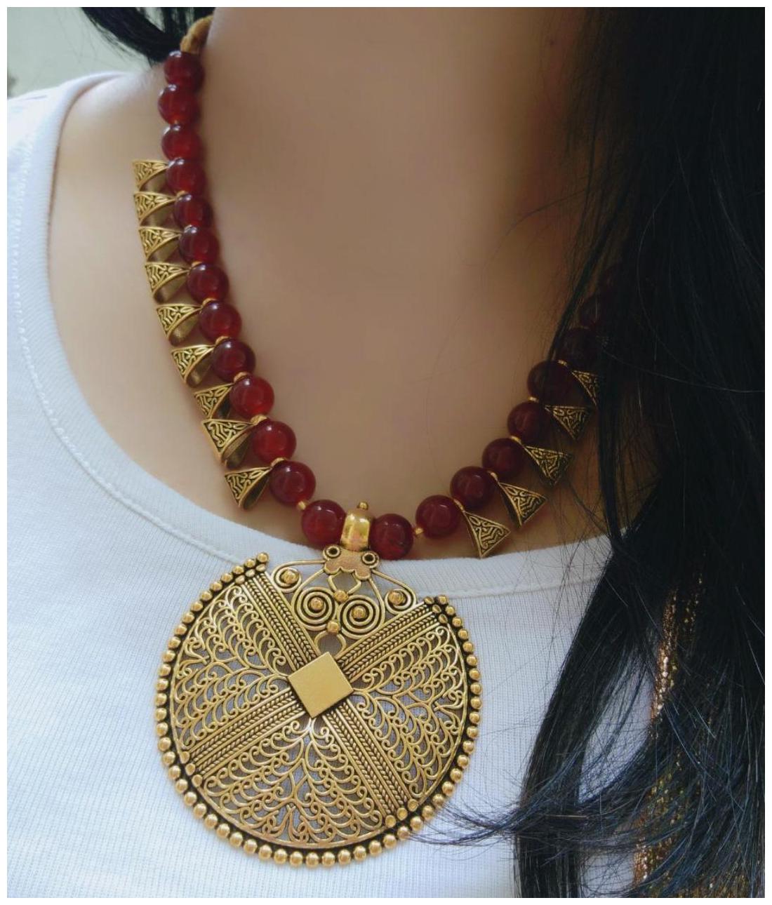 

Zcarina Oxidised Rajasthani Pendant With Maroon Beads Necklace For Woman Girls