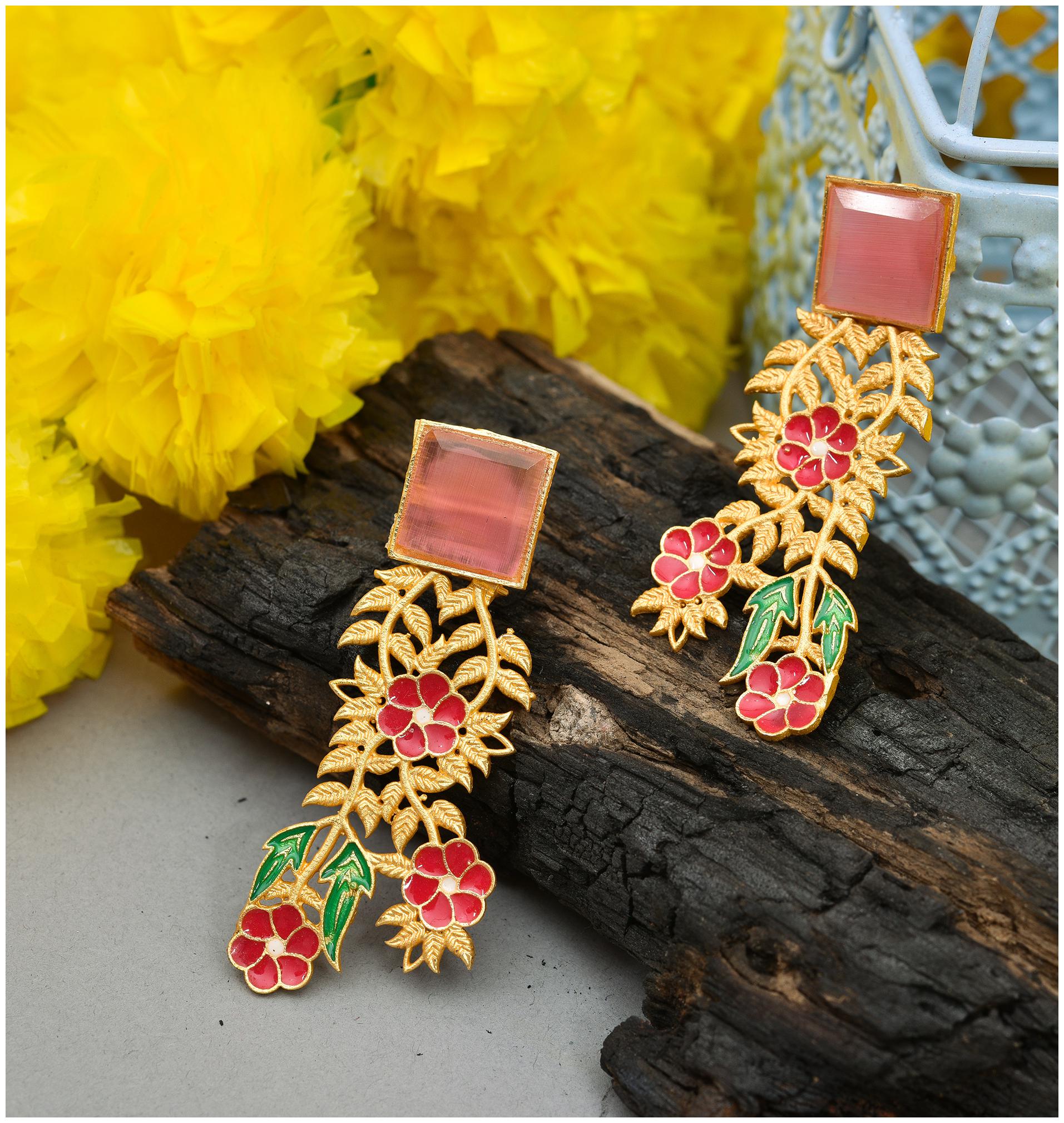 

Zcarina Gold Plated Matte Finish Stone Earrings For Women