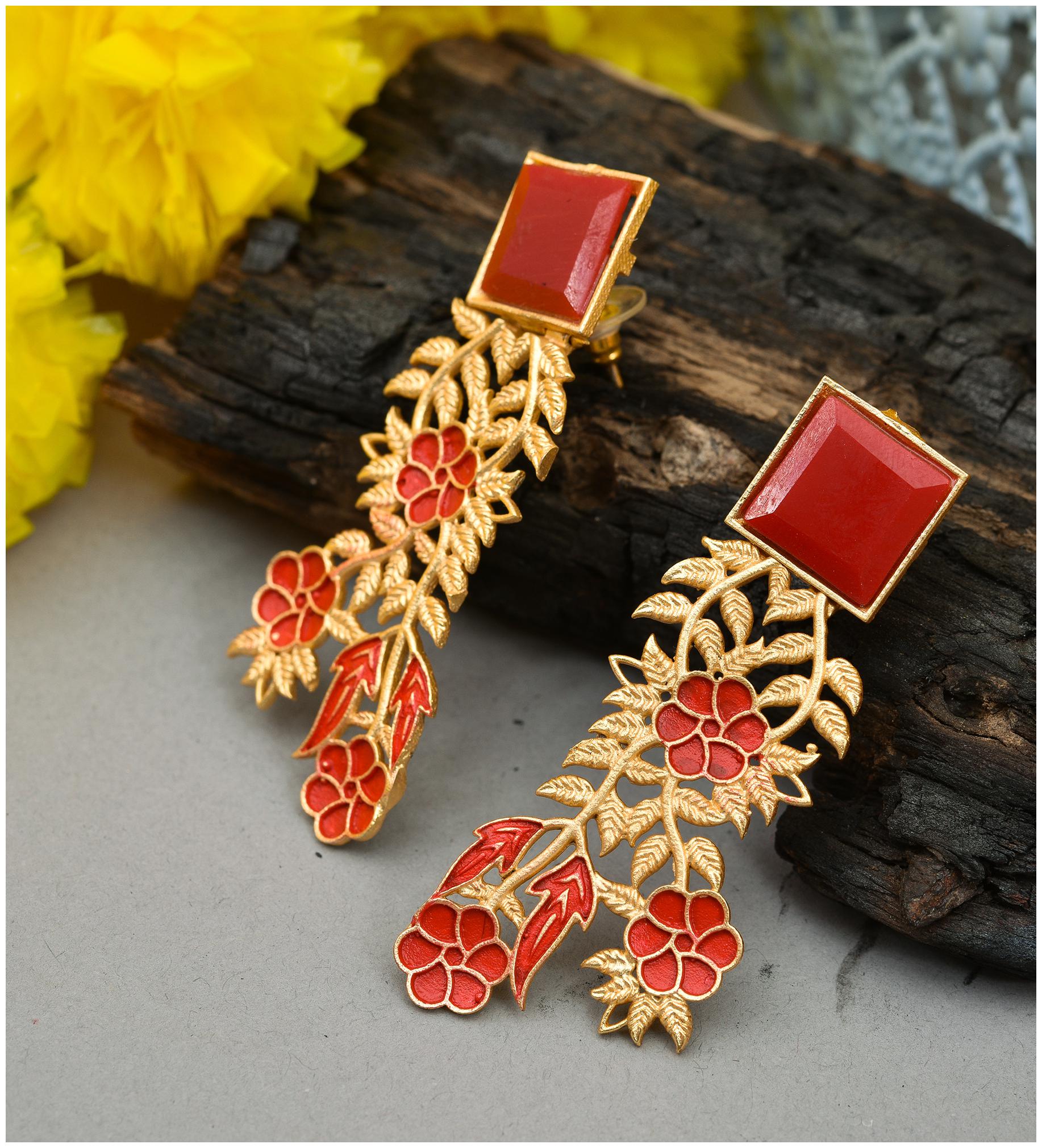 

Zcarina Gold Plated Matte Finish Stone Earrings For Women