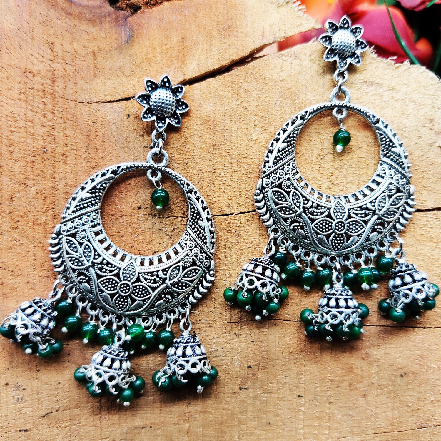 

Zcarina Green Pearl Silver Plated Chandelier Bali Jhumki Earring For Party wear Wedding Jewellery Festive Special