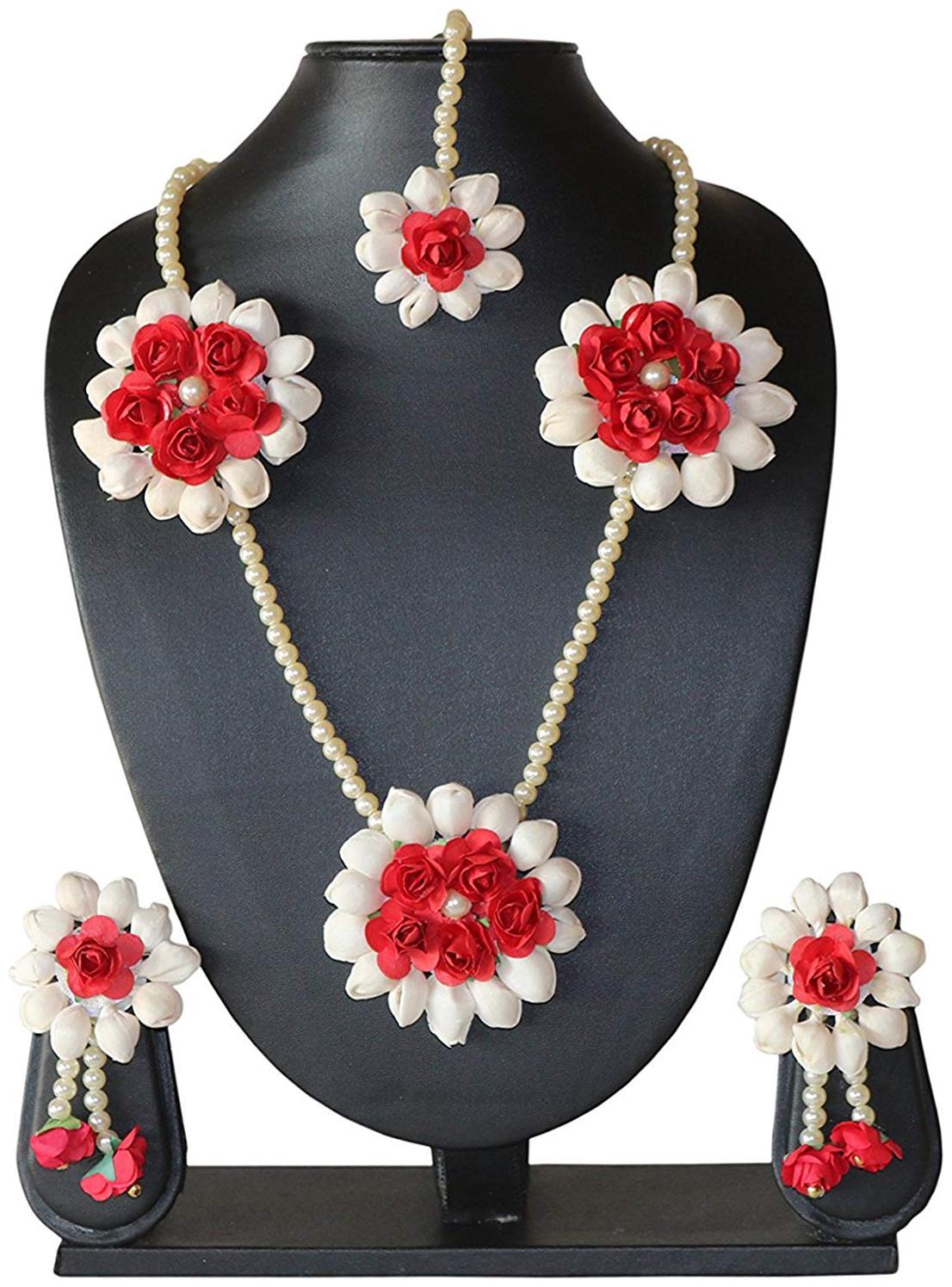 

Zcarina Jewellery Set for Women Florel Necklace Earrings Maang Tika for Girls (Mehandi Haldi)