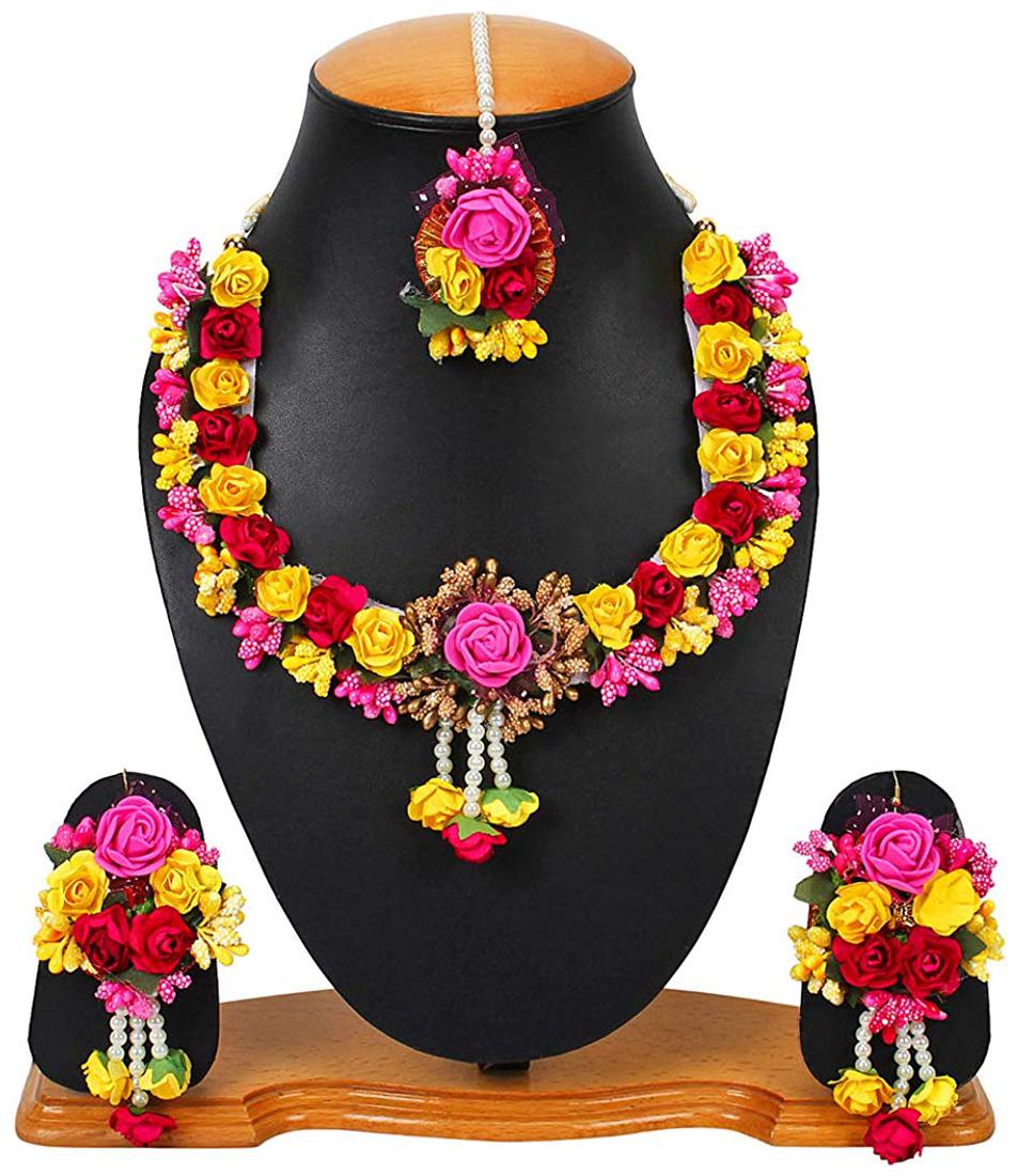 

Zcarina Jewellery Set for Women Florel Necklace Earrings Maang Tika for Girls (Mehandi Haldi)