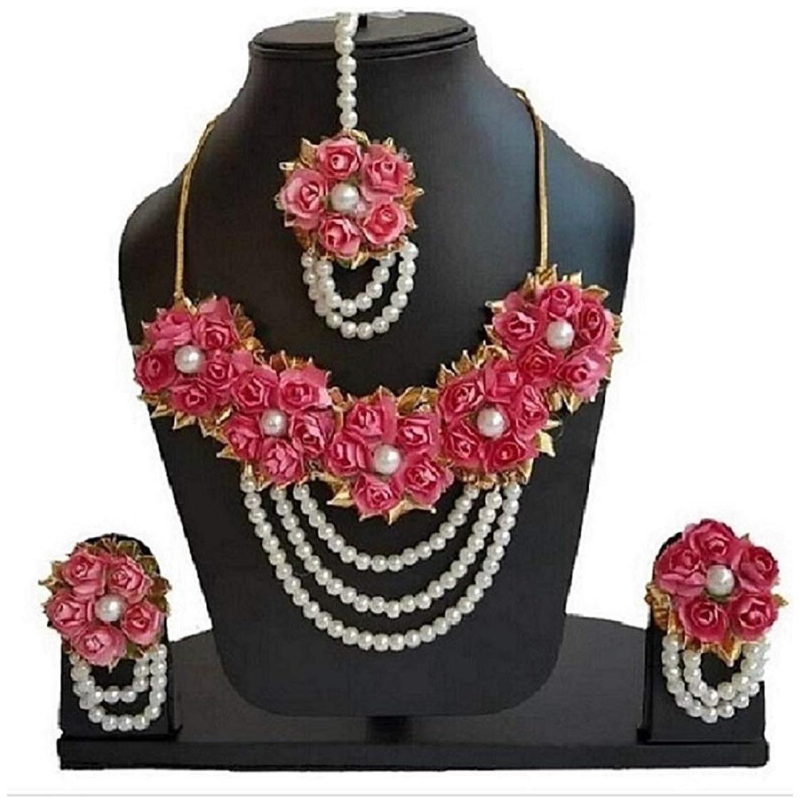 

Zcarina Jewellery Set for Women Florel Necklace Earrings Maang Tika for Girls (Mehandi Haldi)