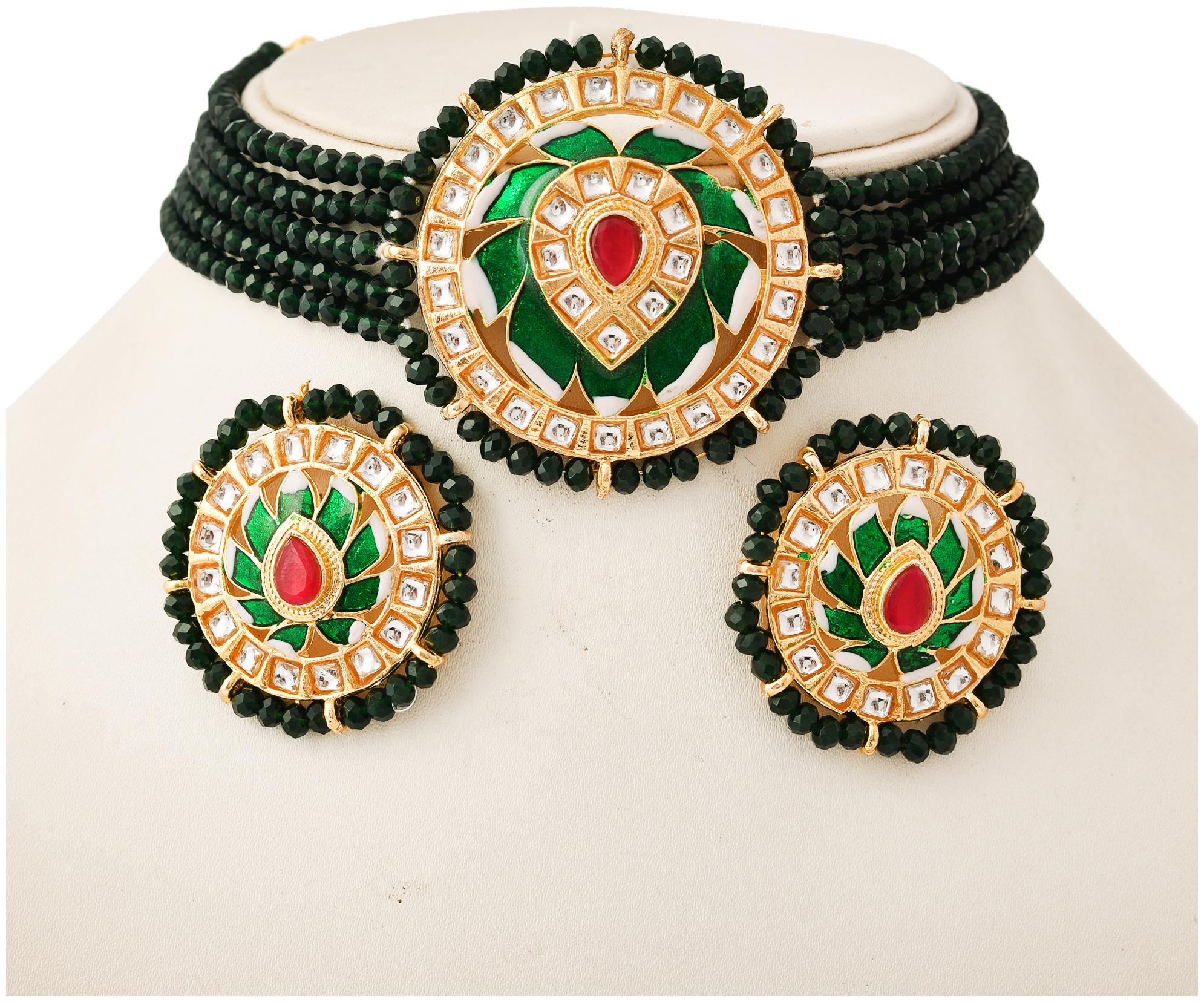 

Zcarina Kundan Meena Necklace Earrings Set for Girls and Women