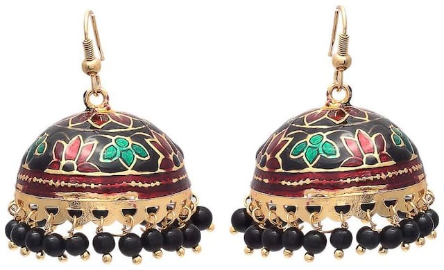 Zcarina Festive Meenakari Black Pearl Enamel Jhumki Earring for Women