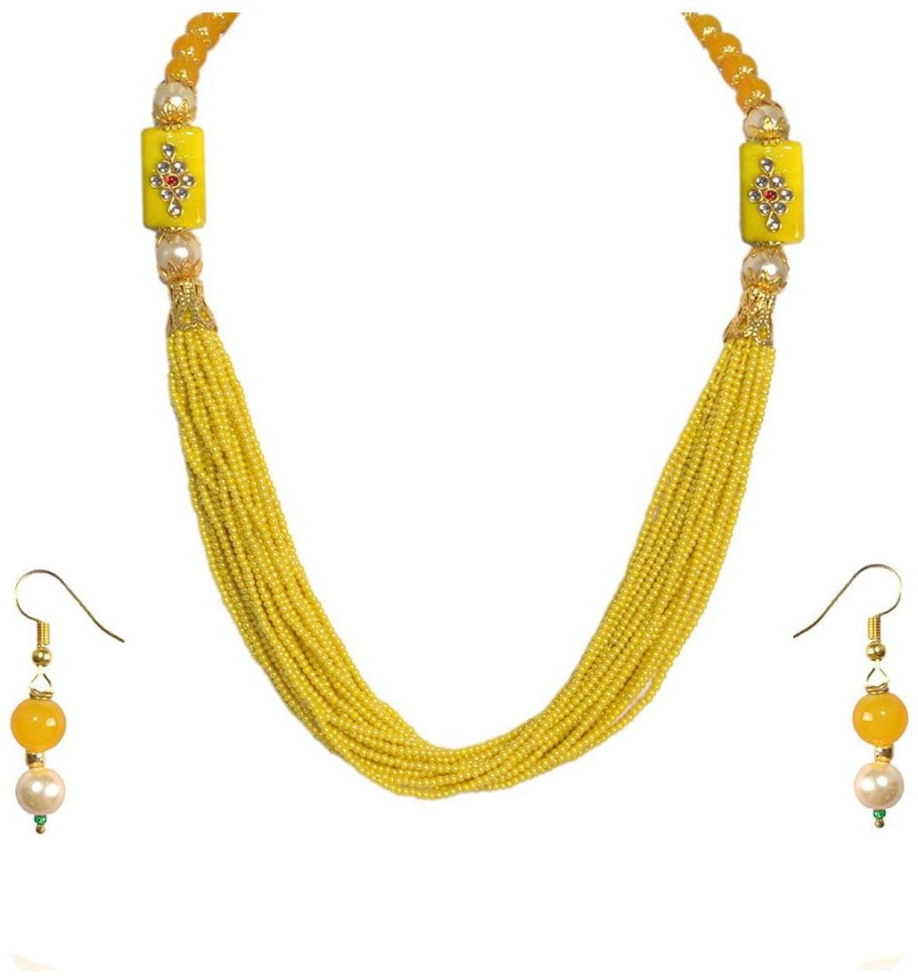 

Zcarina Multilayer Rajasthani Beads Work Necklace Earrings Set for Girls and Women