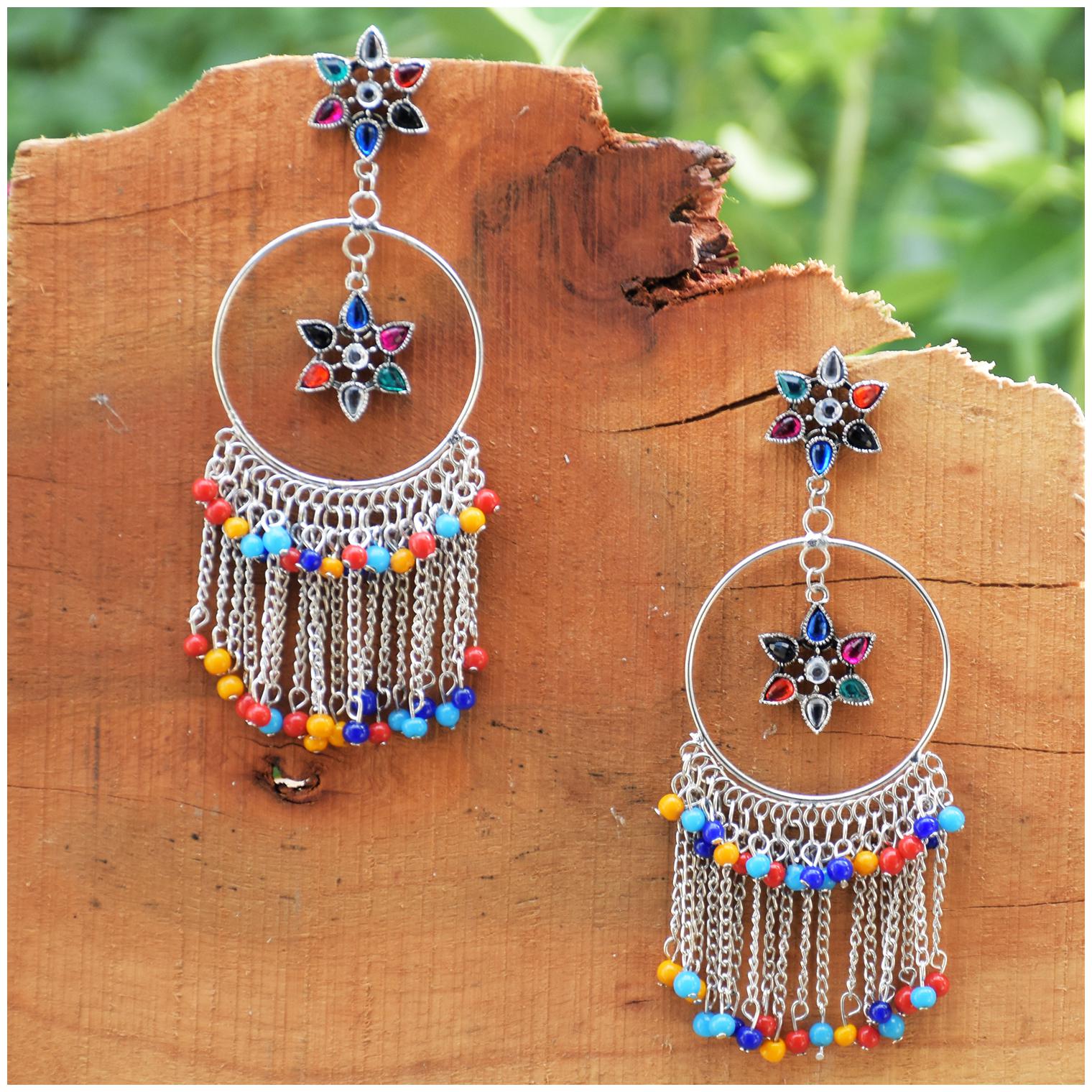 

Zcarina Oxidised Multi Beads Stones Earrings for Girls