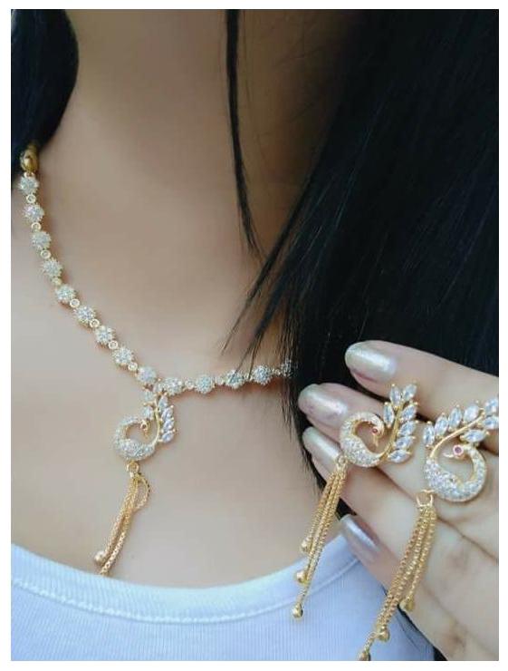 

Zcarina Peacock Design American Diamond Gold Plated Necklace Set