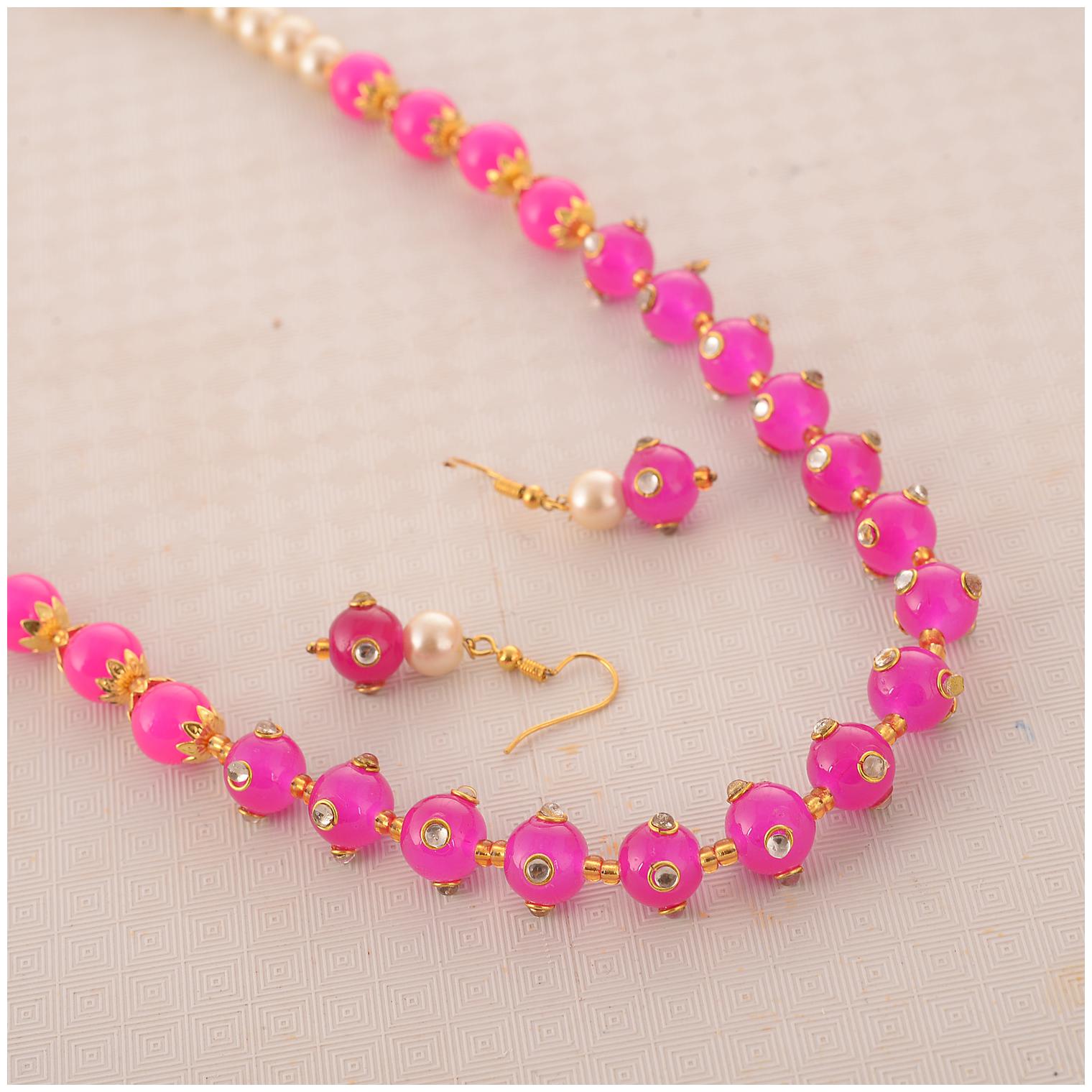 

Zcarina Pink Color Pearl Mala with Earring