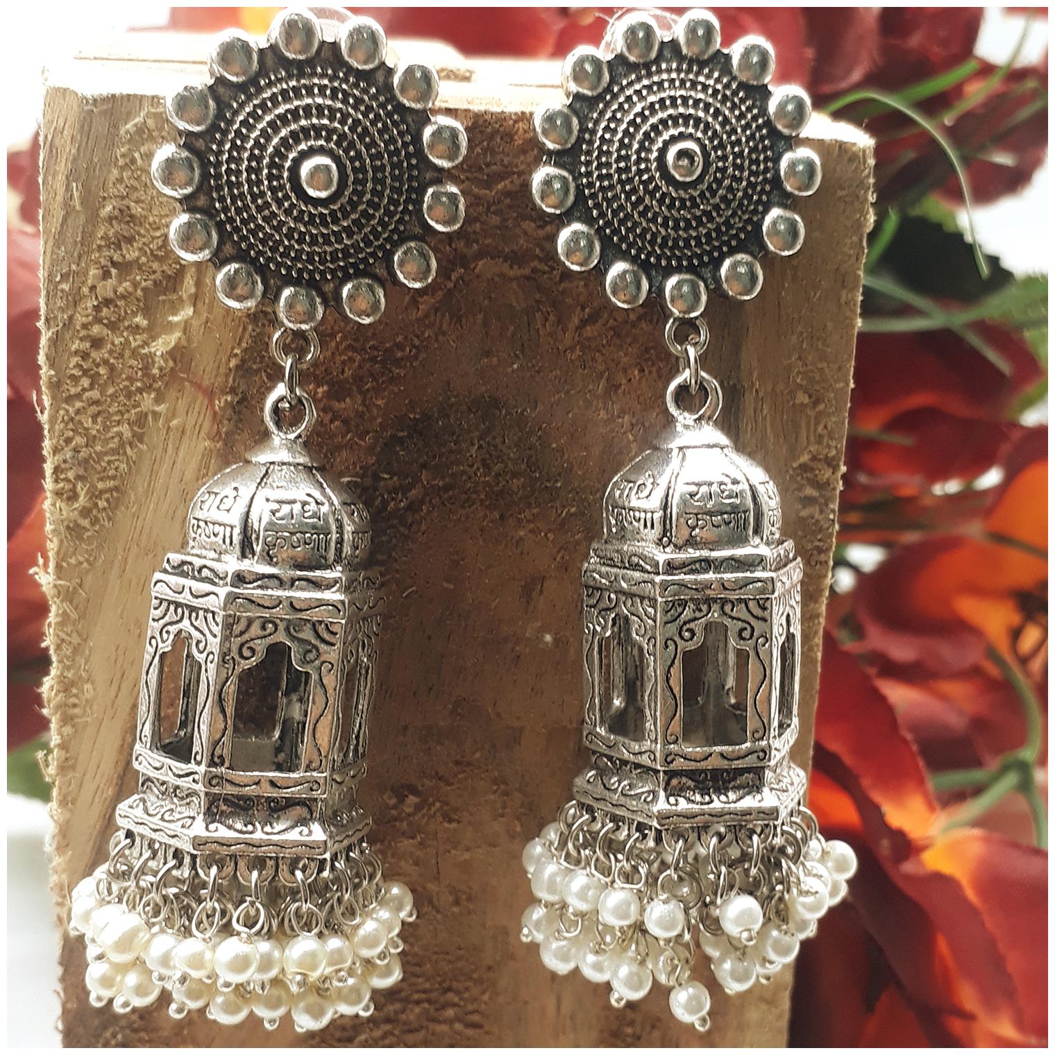 

Zcarina Silver Oxidised Plated Jharokha Scripted Earrings