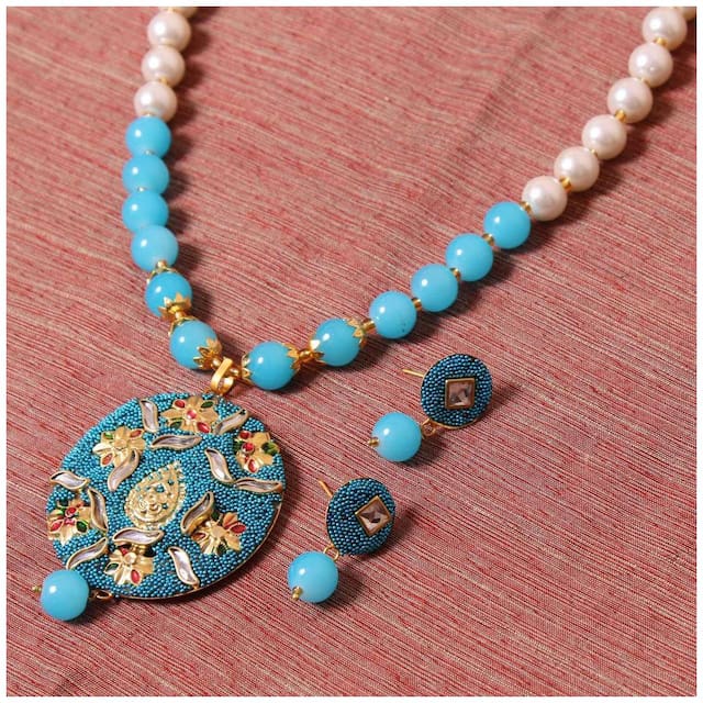 Zcarina Turquoise Pearl Bead Pendant Necklace Jewellery Set With Earrings For Women