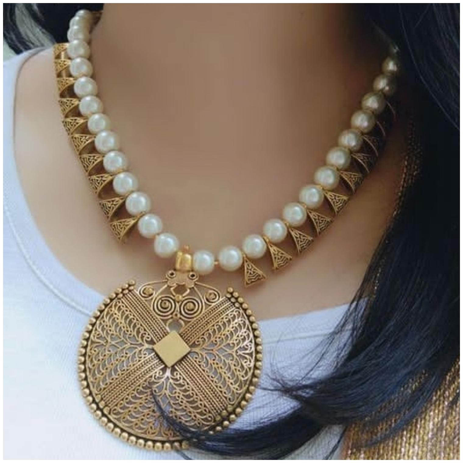 

Zcarina White Pearl Beads Antique Looking Ethnic Necklace Set for Women