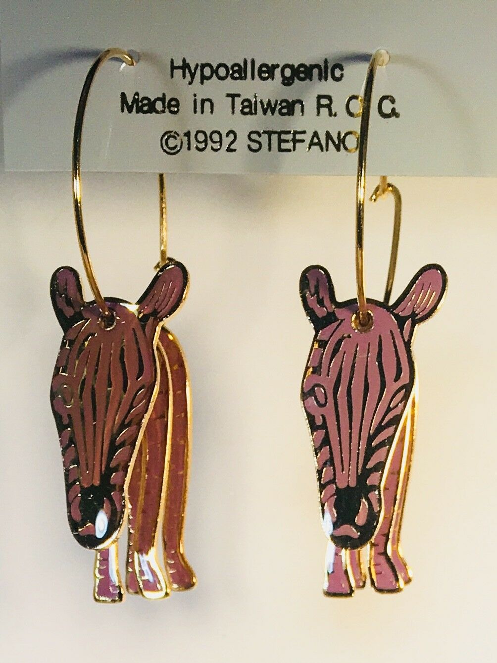 

ZEBRA 3D HOOP EARRING rose black aqua pink blue gold plate Very Rare