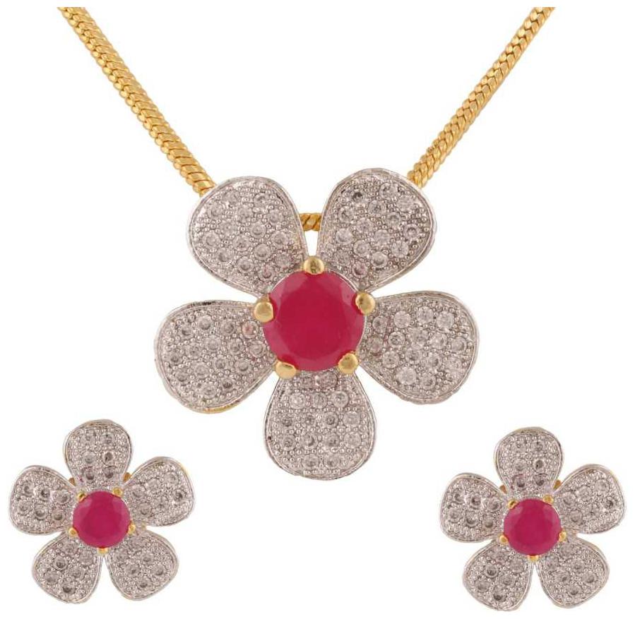 

Zeneme American Diamond Floral Shape Pendant with Earring for Women Girls