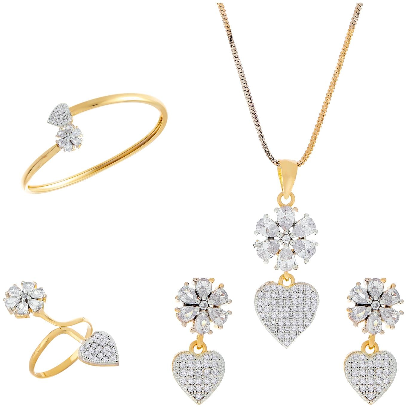 

Zeneme Combo of Heart Shaped White Gold Plated and American Diamond Pendant with Earrings Bracelet and Ring for Women