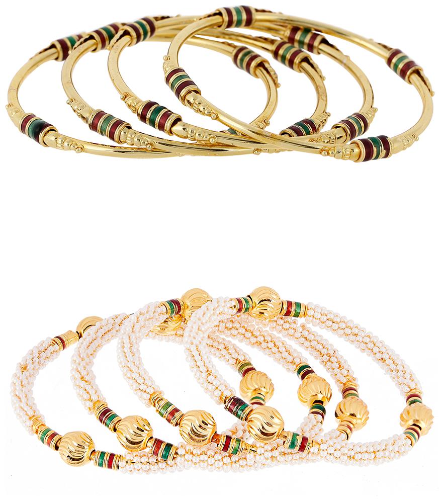 

Zeneme Designer Combo Of Victoria Bangles Pearls Bangles Trendy Gold Plated And Coinage Bangles - Pack Of 8