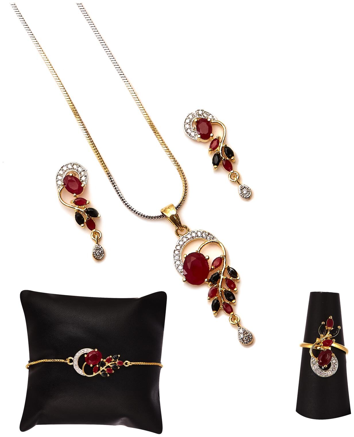 

ZENEME Gold Plated and Cubic Zirconia Necklace Pendant Set ring bracelet With Earring for Women Girls (Red Black)