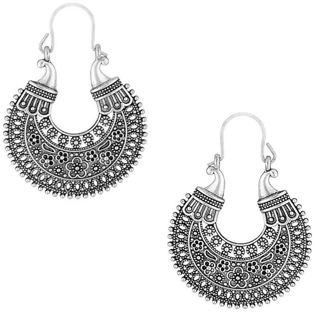 

Zeneme Indian Oxidised Silver Plated Stud Hoop Bali Earring Jewellery For Women Girls