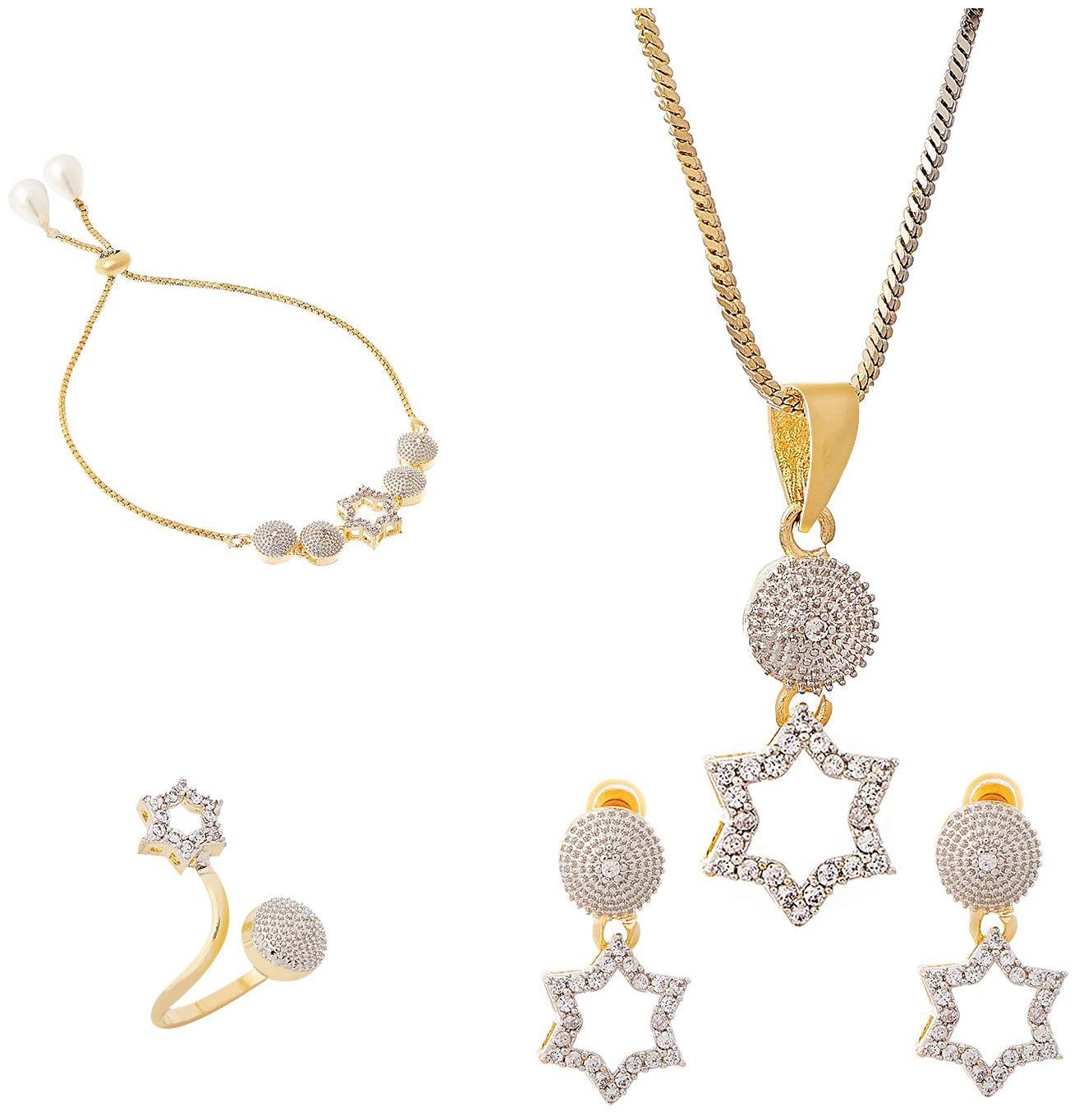 

Zeneme Jewellery Set for Women American Diamond Star Shaped Necklace Set with Earrings Bracelet and Ring Jewellery for Girls and Women