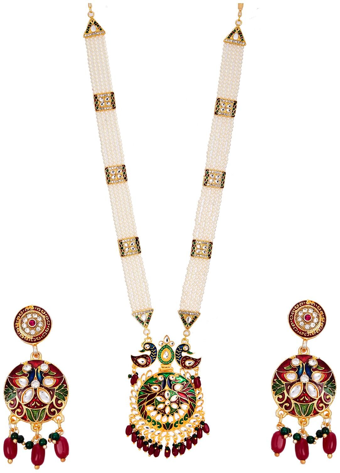 

Zeneme Jewellery Set Gold Plated Long Necklace Hyderabadi Design Pearl Peacock Necklace Set With Earring For Women Girls