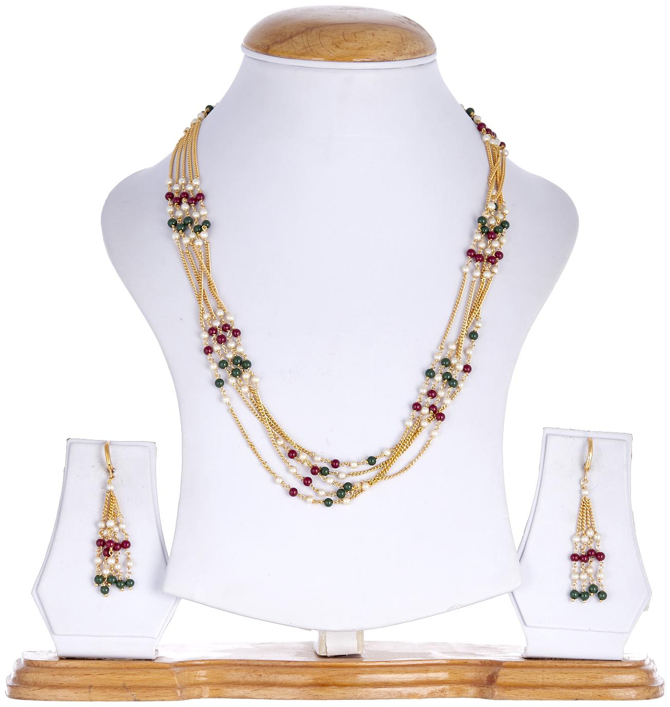 

Zeneme Jewellery Set Gold Plated Multi Layer Colorful Pearl Necklace With Earrings For Women Girls