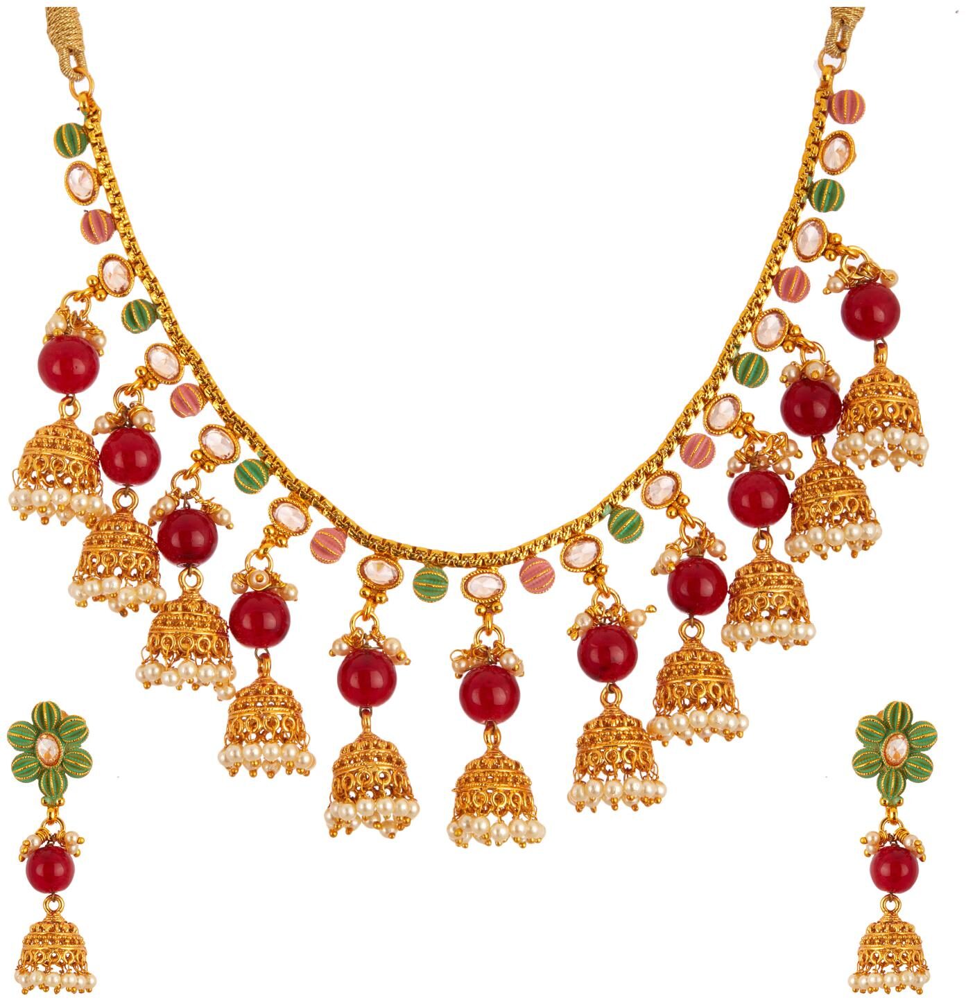 

Zeneme Jewellery Set Gold Plated Designer Meenakari Fringed Style Necklace Set with Drop Jhumka Earrings For Women Girls