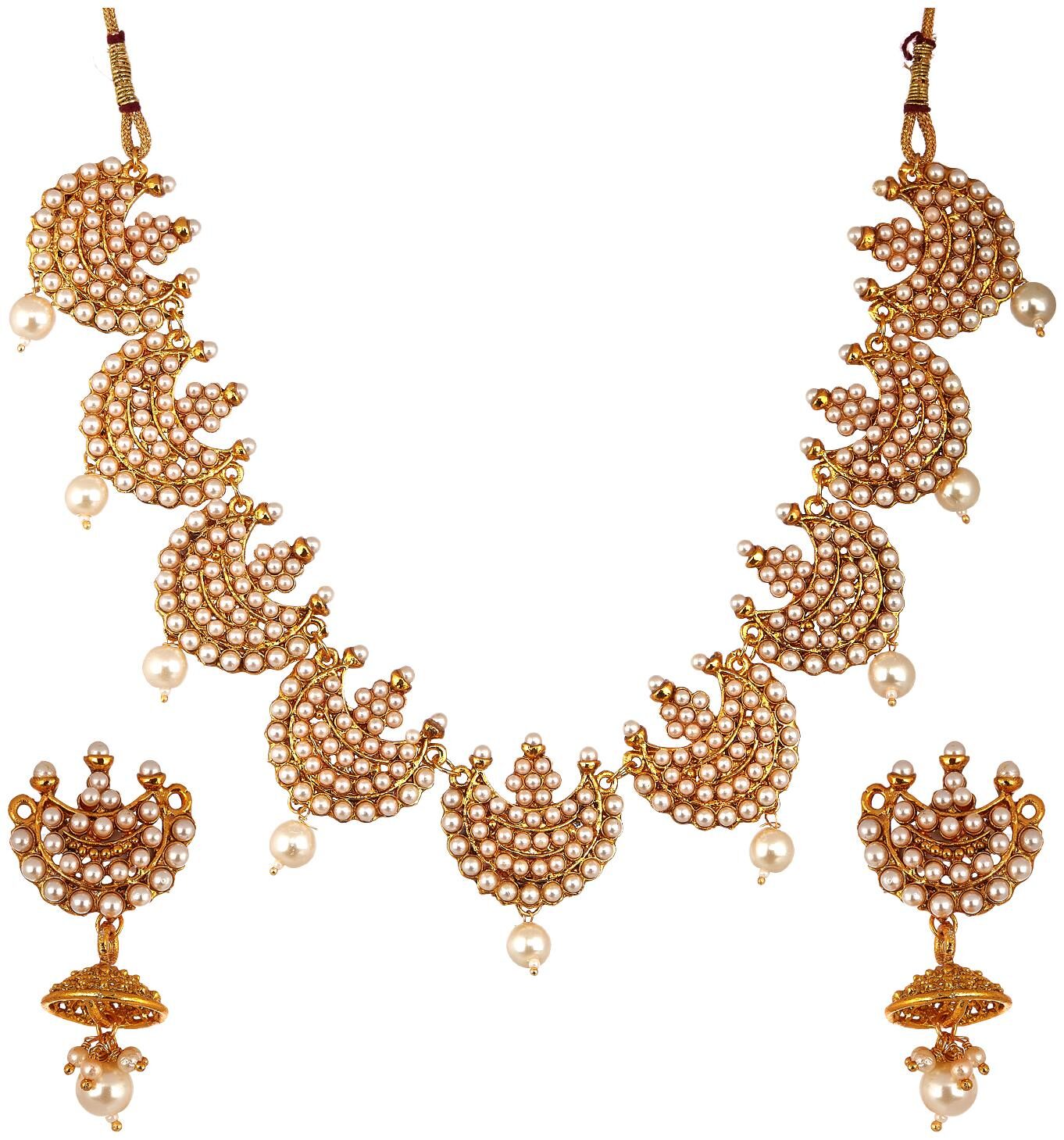 

Zeneme Jewellery Set Gold Plated Pearl Studded Necklace Set With EarringsFor Girls Women