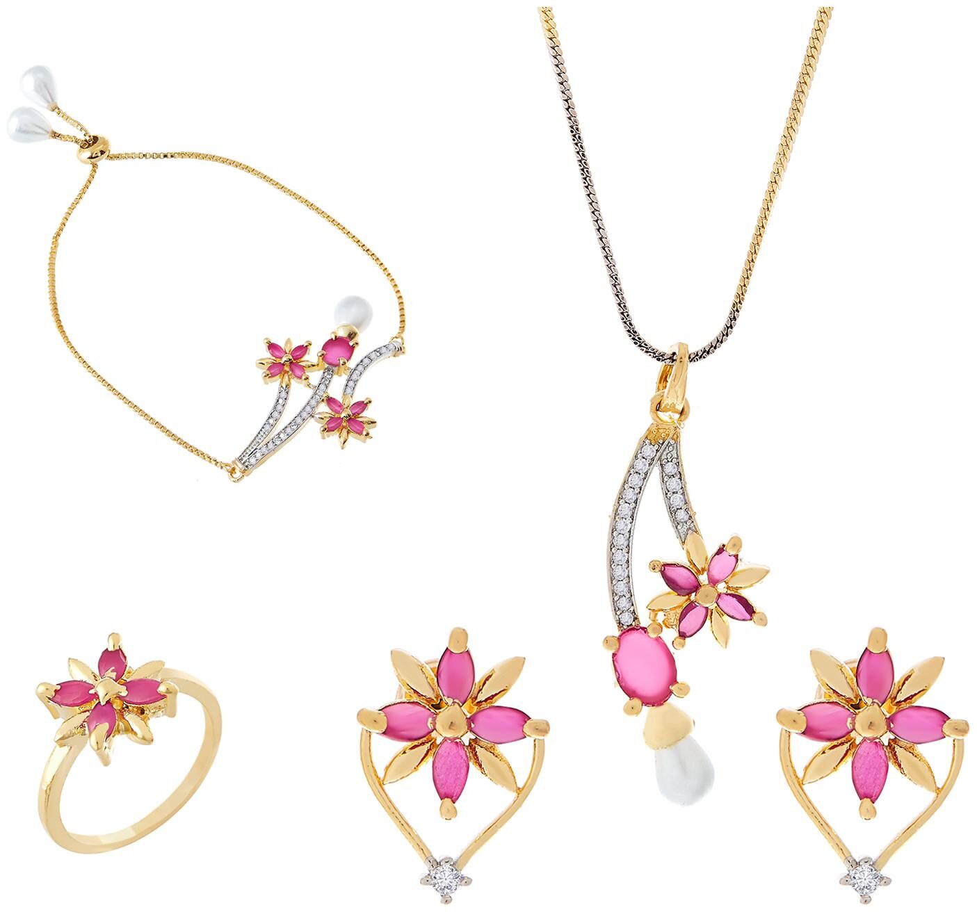 

Zeneme Stunning Cubic Zirconia 18K Gold Plated Elegant Pendant Set With Bracelet Ring Jewellery For Women Girls (Pink)