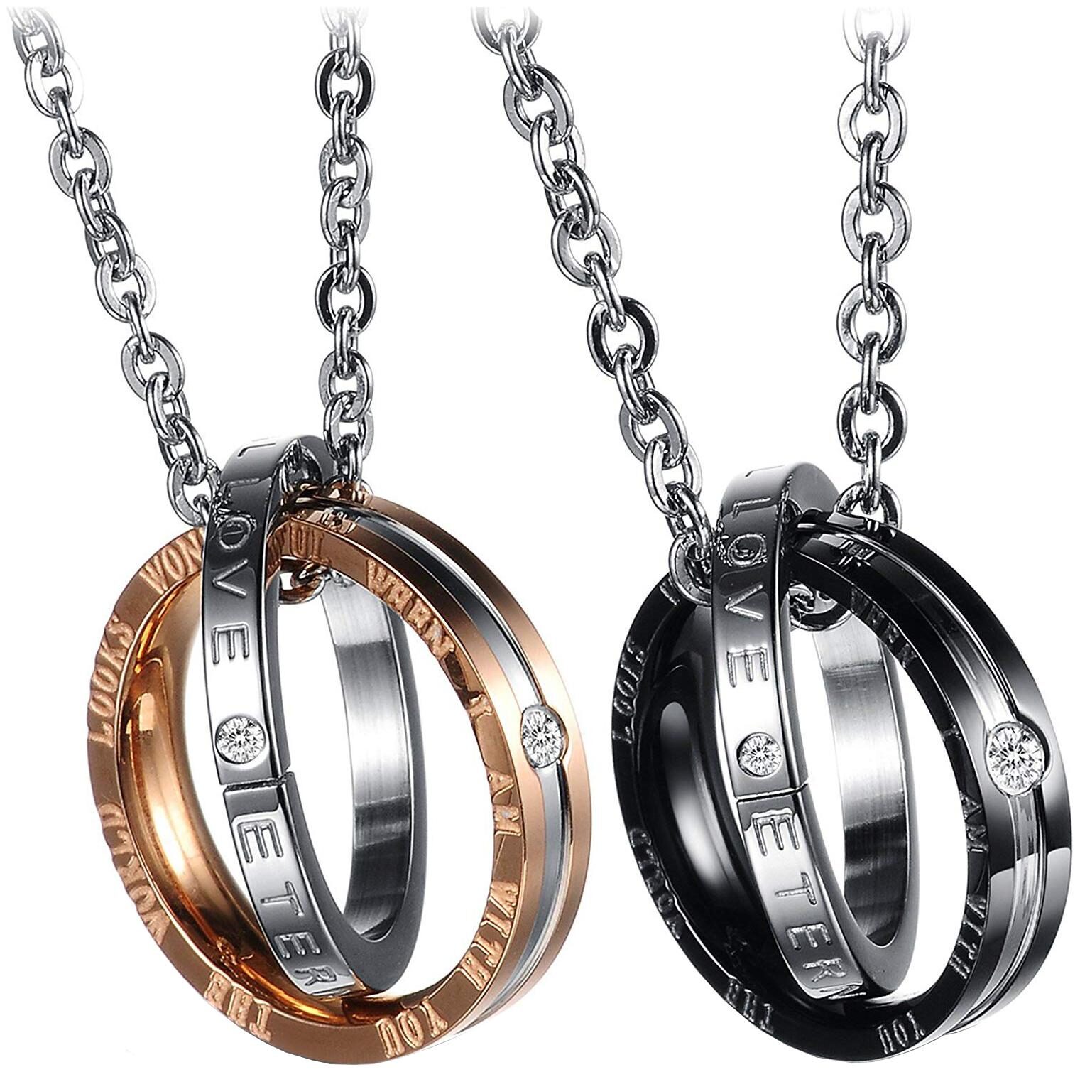 

ZIVOM Couple Lovers Valentine Black Rose Gold Stainless Steel Triple Rings Combo of 2 Necklace Pendant Chain Boy Girl Men Women