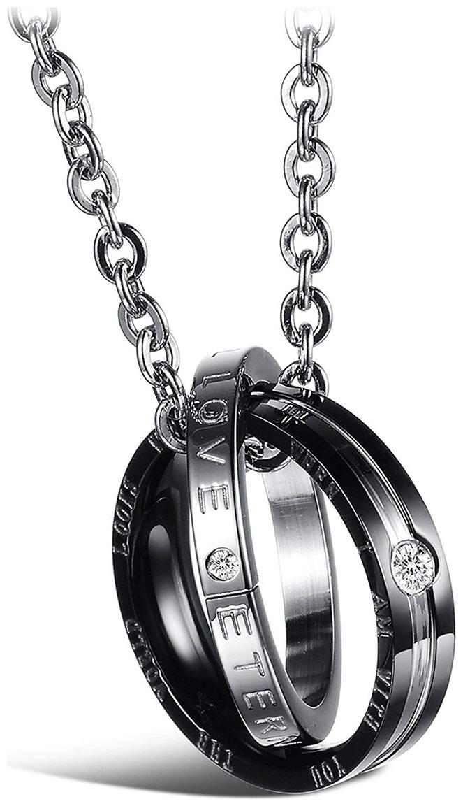 

ZIVOM Couple Lovers Valentines Day Gift Black 316L Surgical Stainless Steel American Diamond Triple Rings Necklace Pendant Chain Boys Men