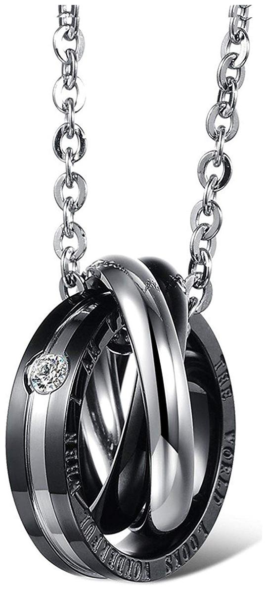 

ZIVOM Couple Lovers Valentines Day Gift Black 316L Surgical Stainless Steel American Diamond Triple Rings Necklace Pendant Chain Boys Men