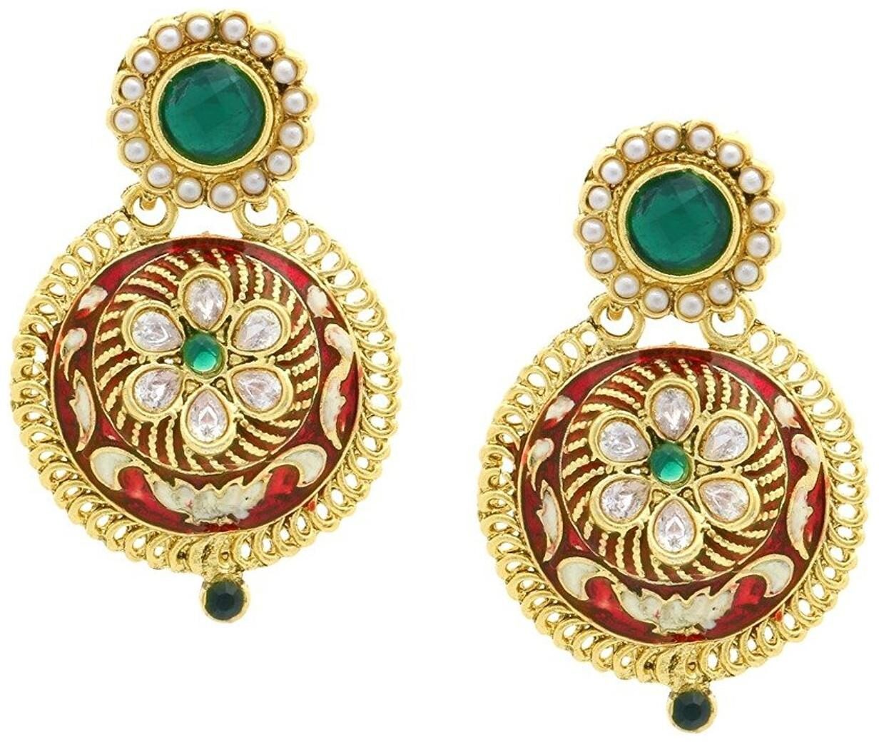 

ZIVOM Flower Kundan Emerald Green Red Meenakari Stud Earring For Women