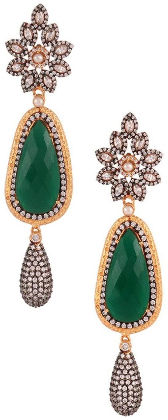 

ZIVOM Flower Emerald Green American Diamond Kundan Pearl Gold Plated Dangling Earring For Women