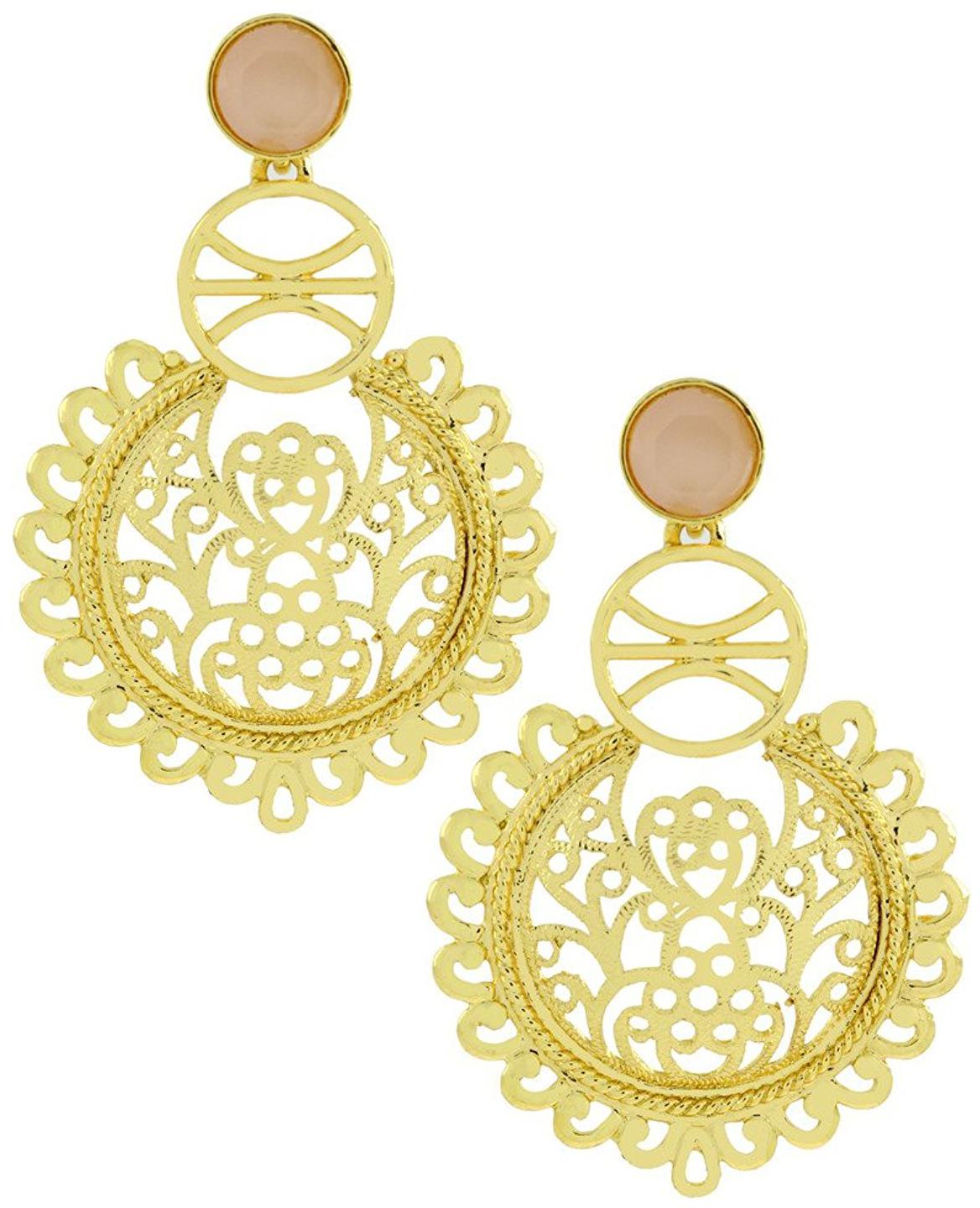 

ZIVOM Large Statement Filigree Chaand Bali Baby Pink 18K Gold Earring For Girls Women