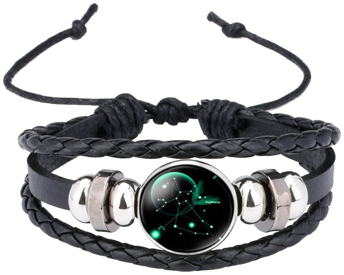 

ZIVOM Stylish Sagittarius 12 Constellation Zodiac Star Good Luck Braided 100 Genuine Black Leather Wrist Band Strand Bracelet Birthday Gift Men Women