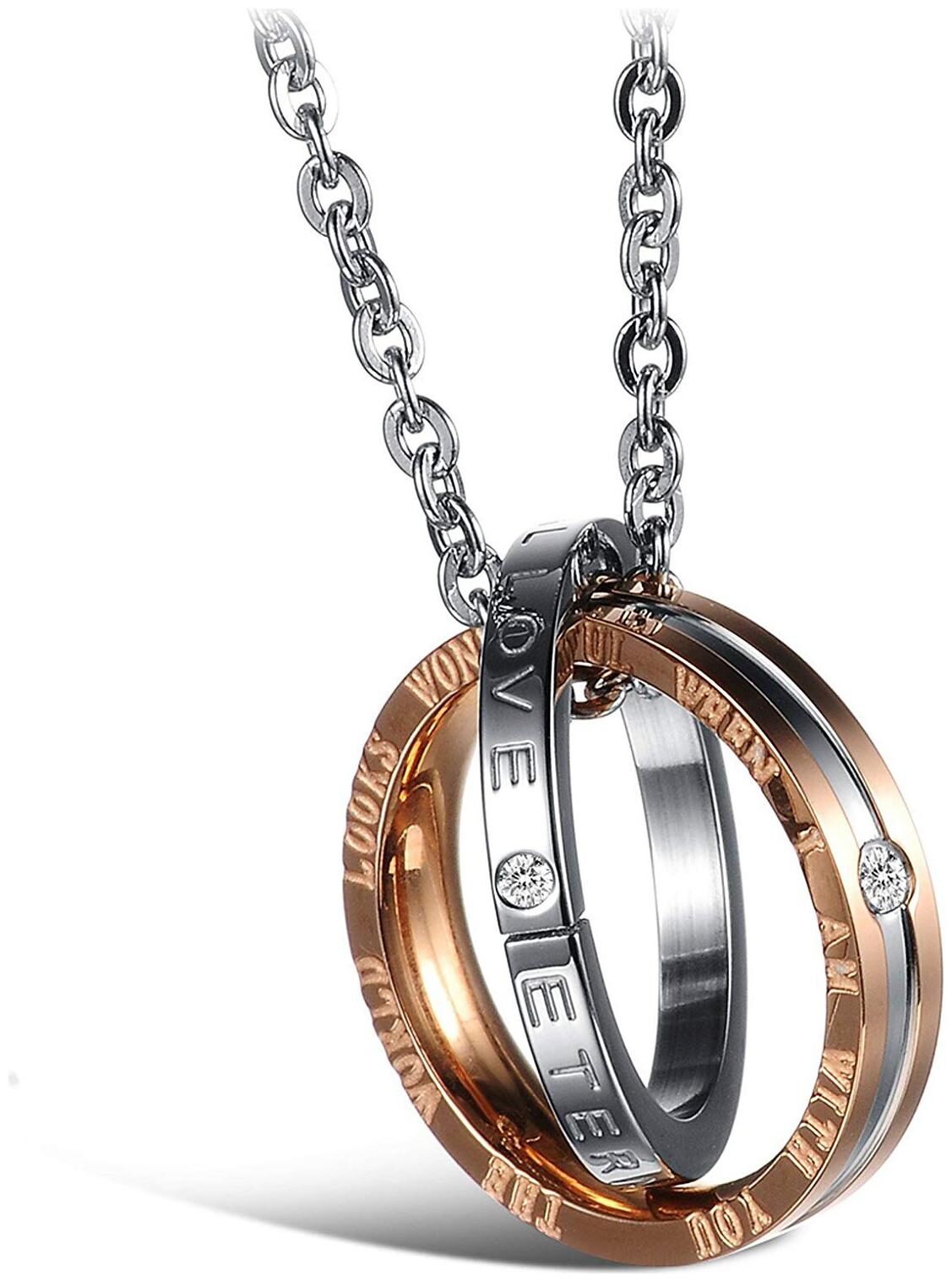 

ZIVOMCouple Lovers Valentines Day Gift Rose Gold 316L Surgical Stainless Steel American Diamond Triple Ring Necklace Pendant Chain Girl Women