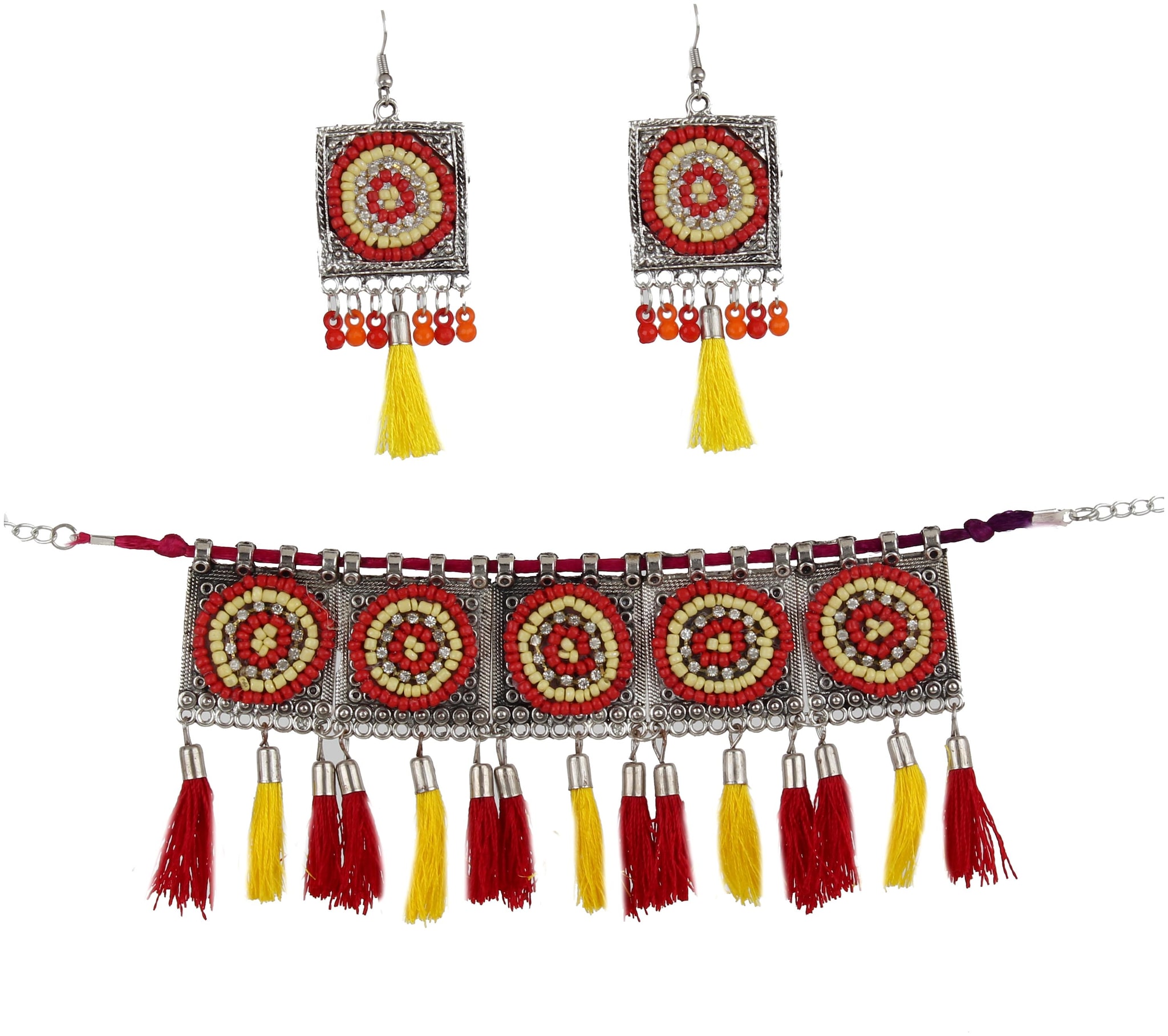 

Zooniv Oxidized Red Yellow Choker Necklace Set for Women